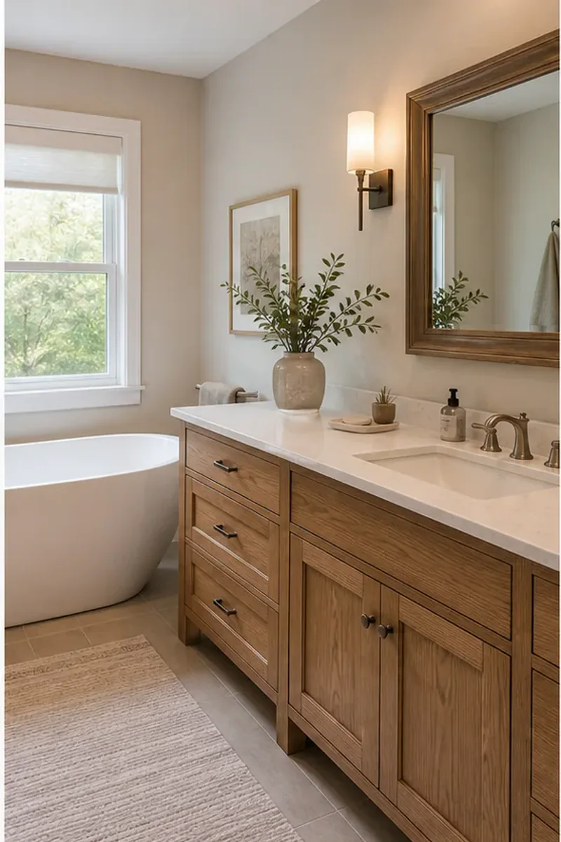Illustrative bathroom with natural wood vanity and white countertop